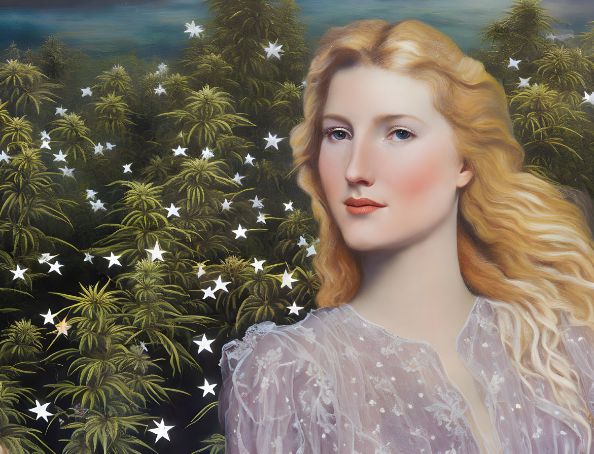 Blonde Woman in Pale Dress Surrounded by Stars and Palm Trees