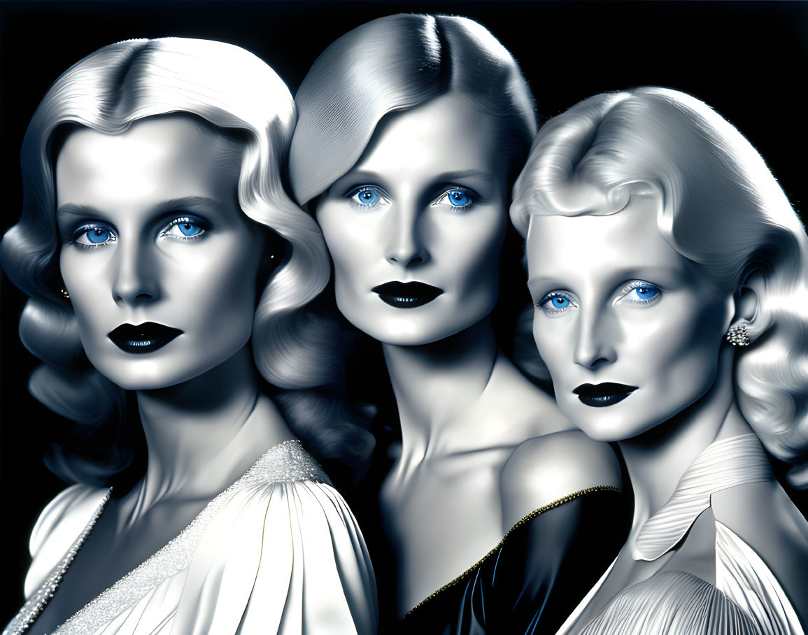 Stylized women with blue eyes and glossy hairstyles on dark background