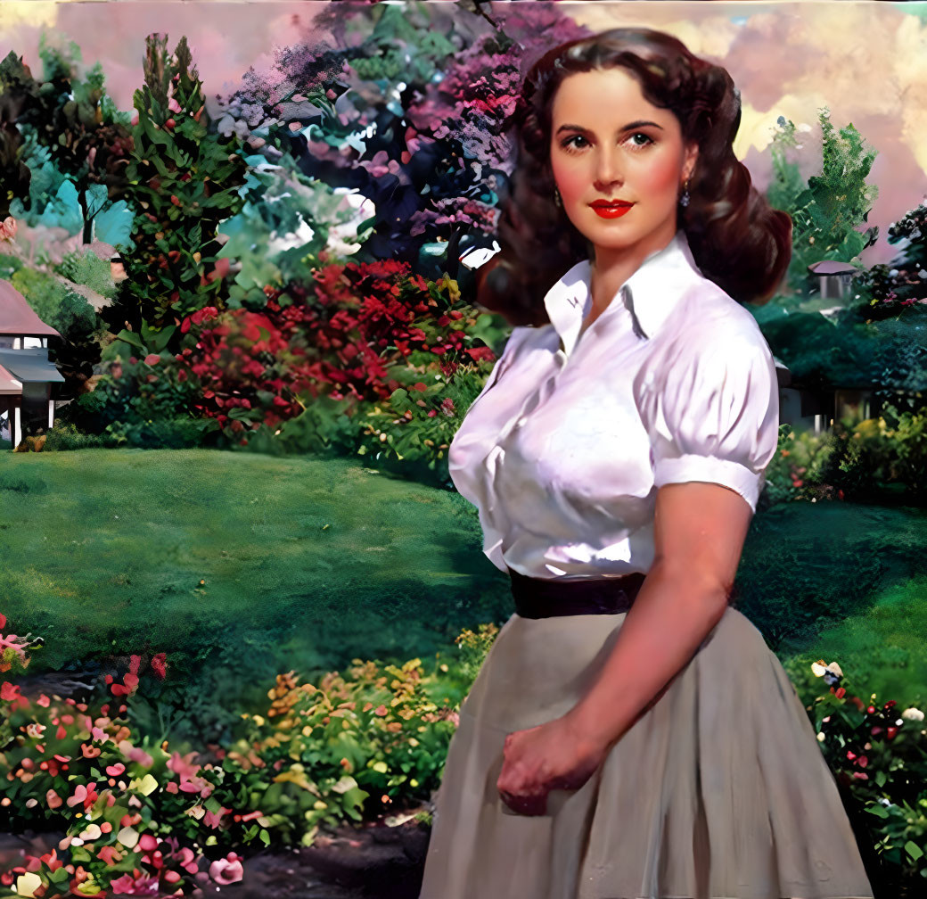 Vintage Portrait of Woman in White Blouse in Colorful Garden