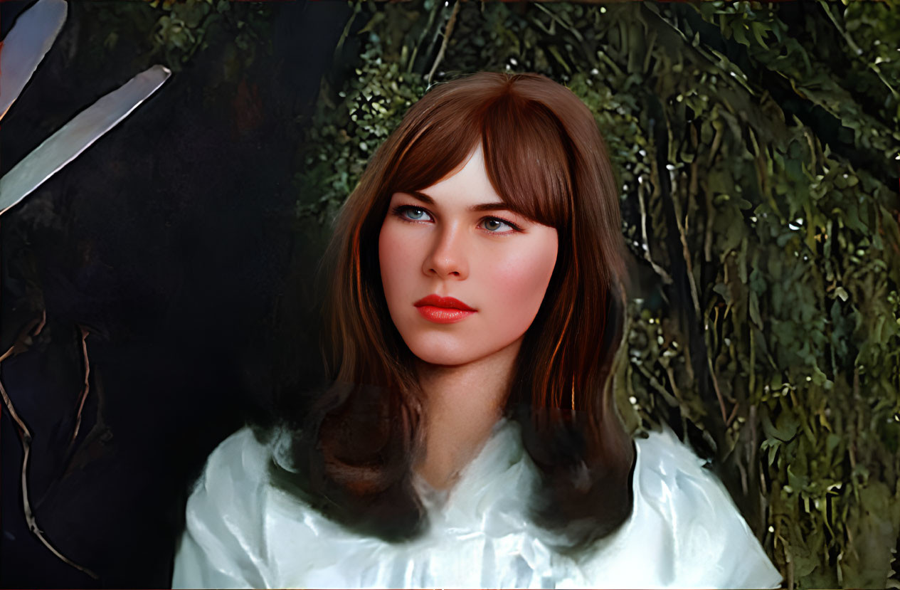 Portrait of Woman with Brown Hair and White Outfit in Dark Foliage Setting