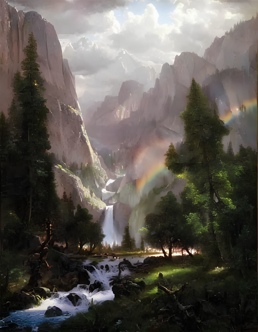 Majestic mountain landscape with waterfall, river, rainbow, and green trees