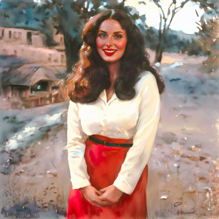 Smiling woman in white blouse and red skirt against rural background