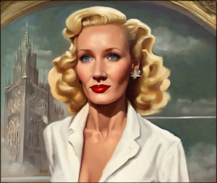 Blonde woman with red lipstick in vintage portrait.