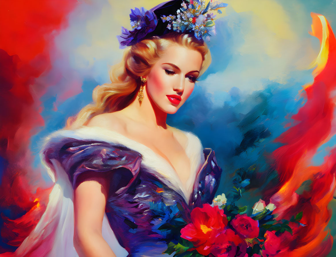 Colorful painting of a woman with golden hair and floral crown in white and purple dress.