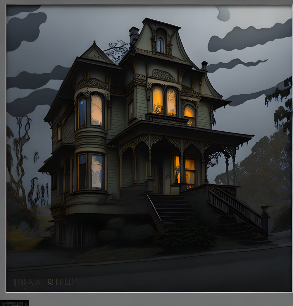 Victorian-style house at night with lit windows, dark clouds, and bare trees