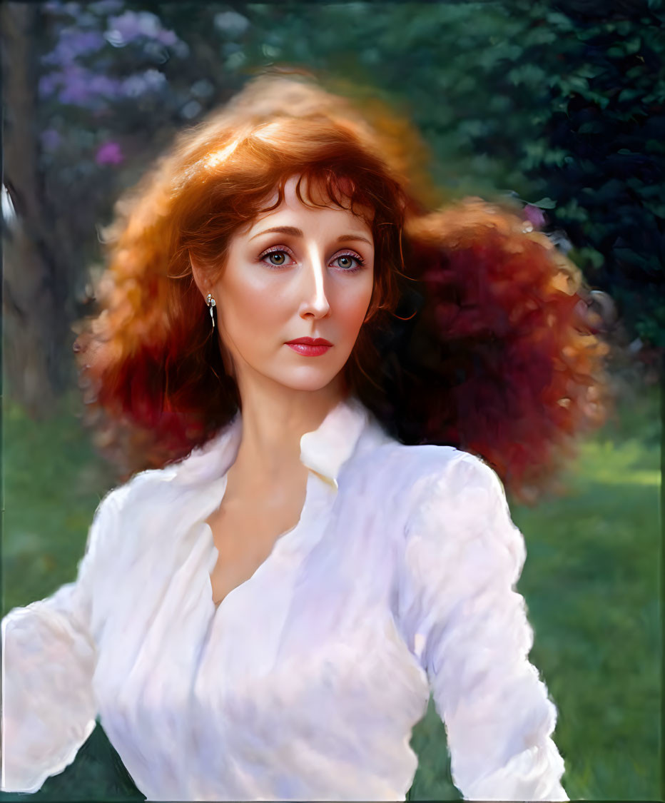 Portrait of a Woman with Red Hair and Blue Eyes in White Blouse