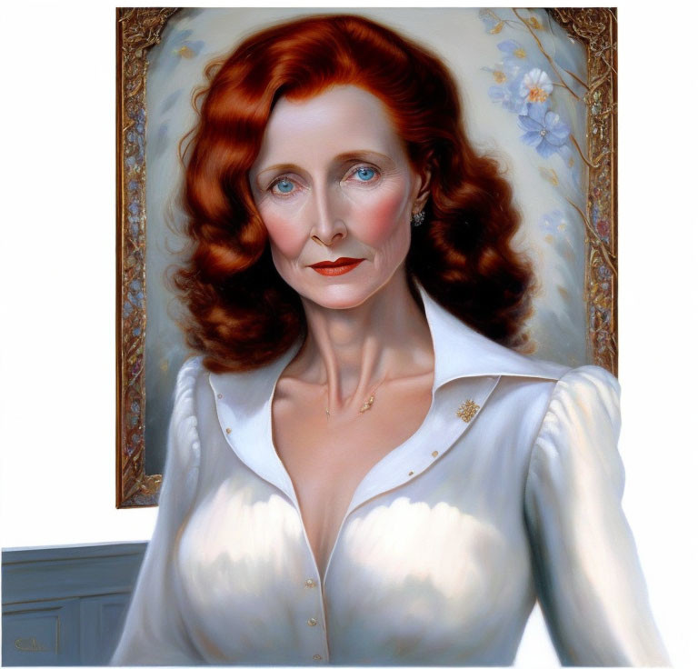 Realistic portrait of a woman with red hair and blue eyes in a white blouse