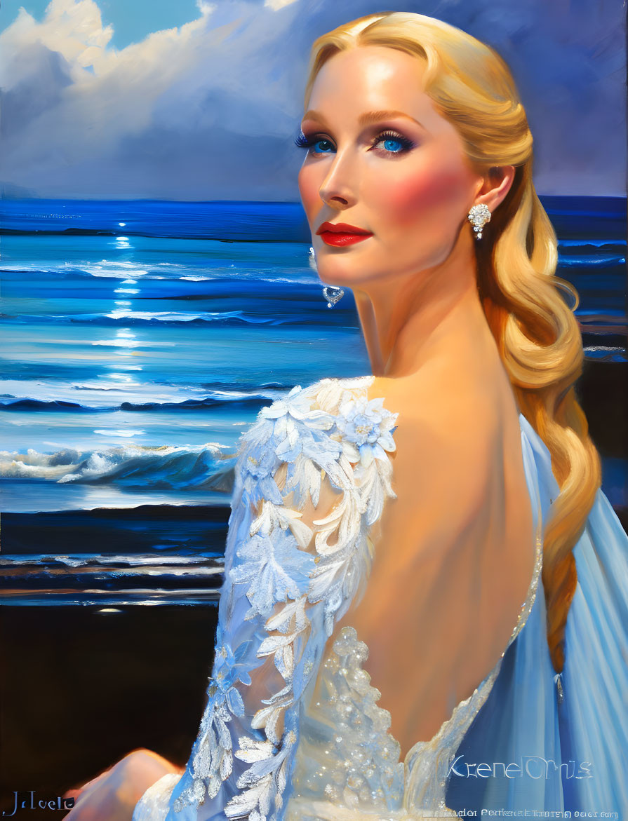 Blonde woman in blue dress gazes at ocean and sky