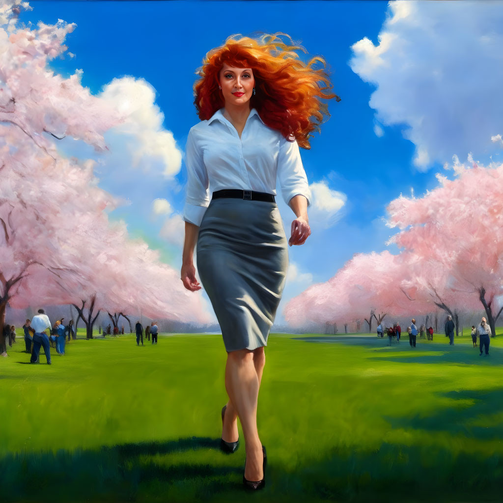 Red-haired woman strolling in park with cherry blossoms and people under blue sky