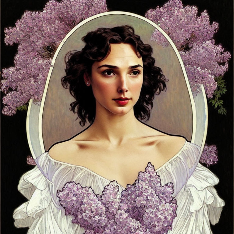 Portrait of woman with dark hair and fair skin surrounded by lilacs in white dress