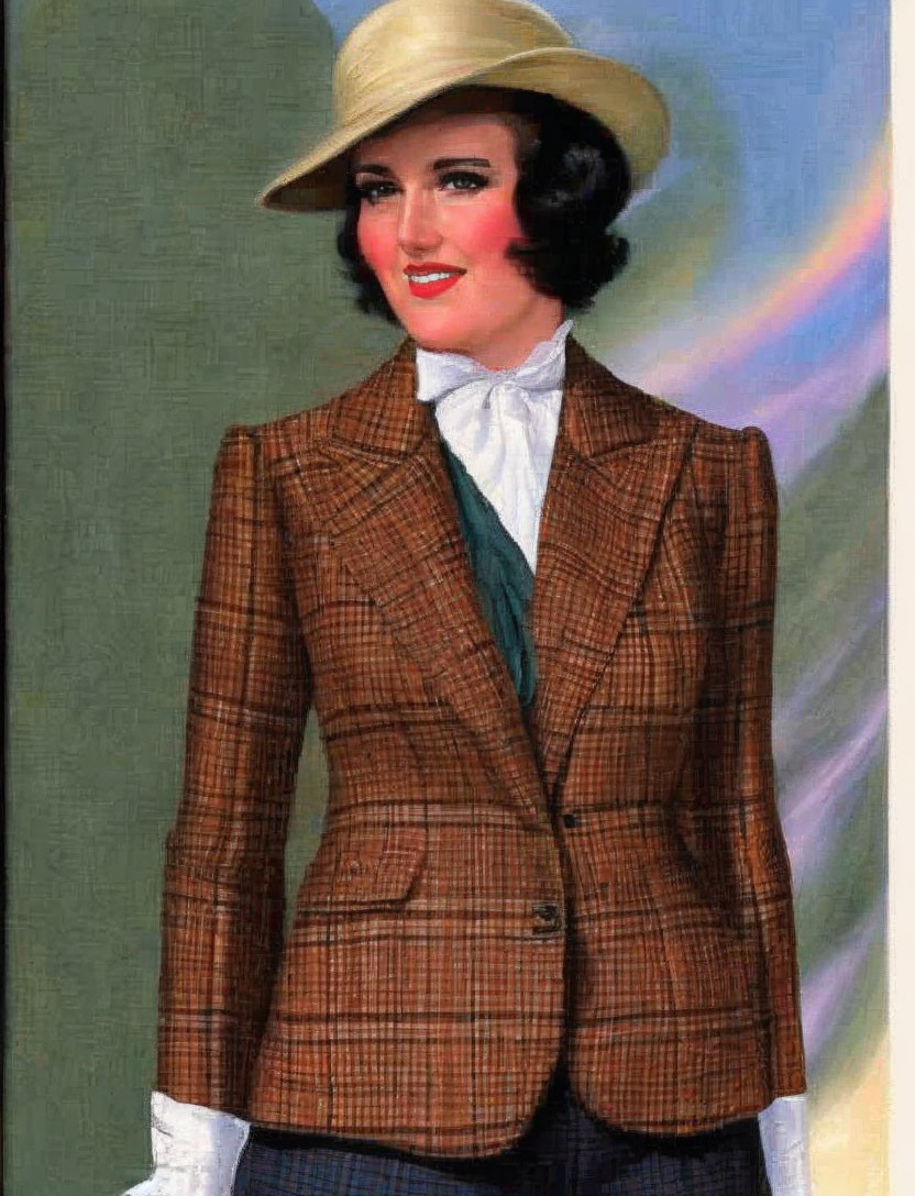 Vintage Style Woman Illustration in Plaid Blazer, White Shirt, Green Scarf, Gloves &