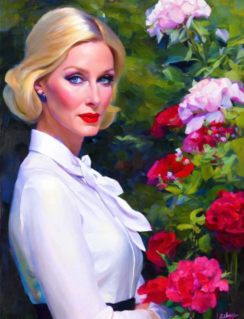 Blonde woman in white blouse amid red and pink flowers