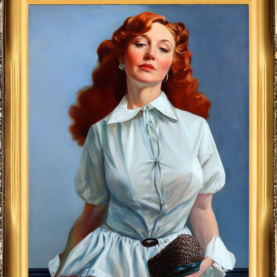 Portrait of a Woman with Red Hair in White Blouse and Blue Dress