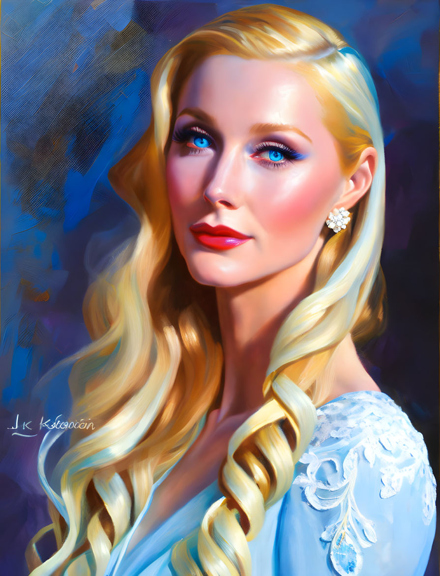 Blonde Woman Portrait in Blue Dress and Earring