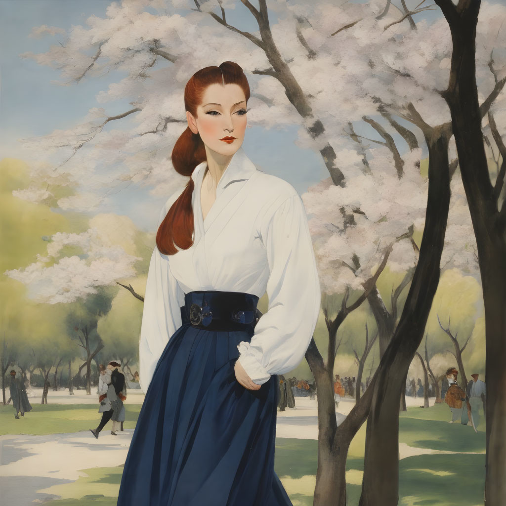 Stylized painting: Woman with auburn hair in white blouse and blue skirt among blossoming