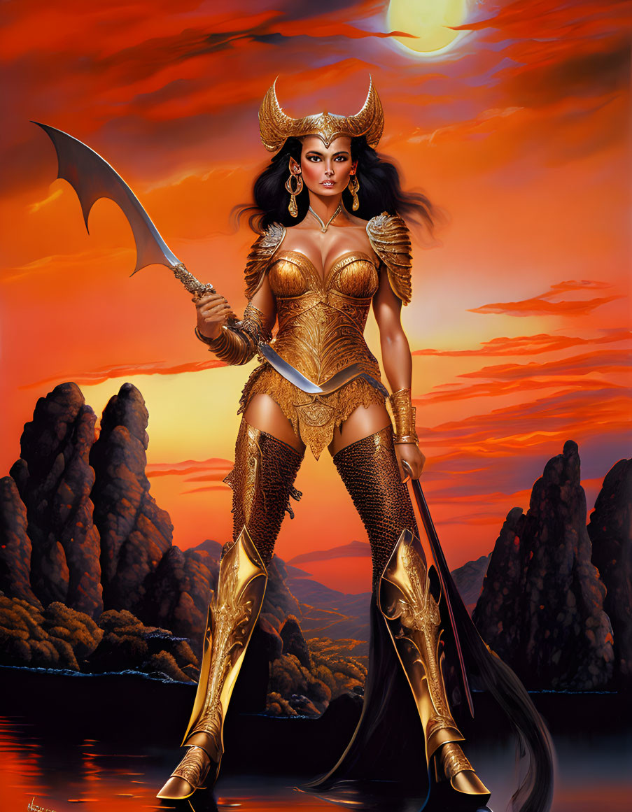 Female warrior in golden armor with scythe in fiery sky and dark waters