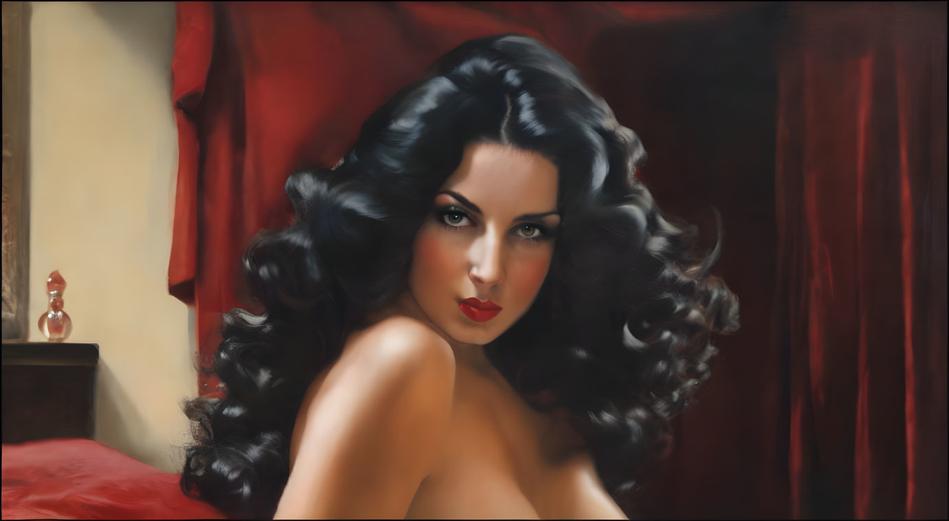 Dark-haired woman with red lipstick lying down on red backdrop - classic glamorous style