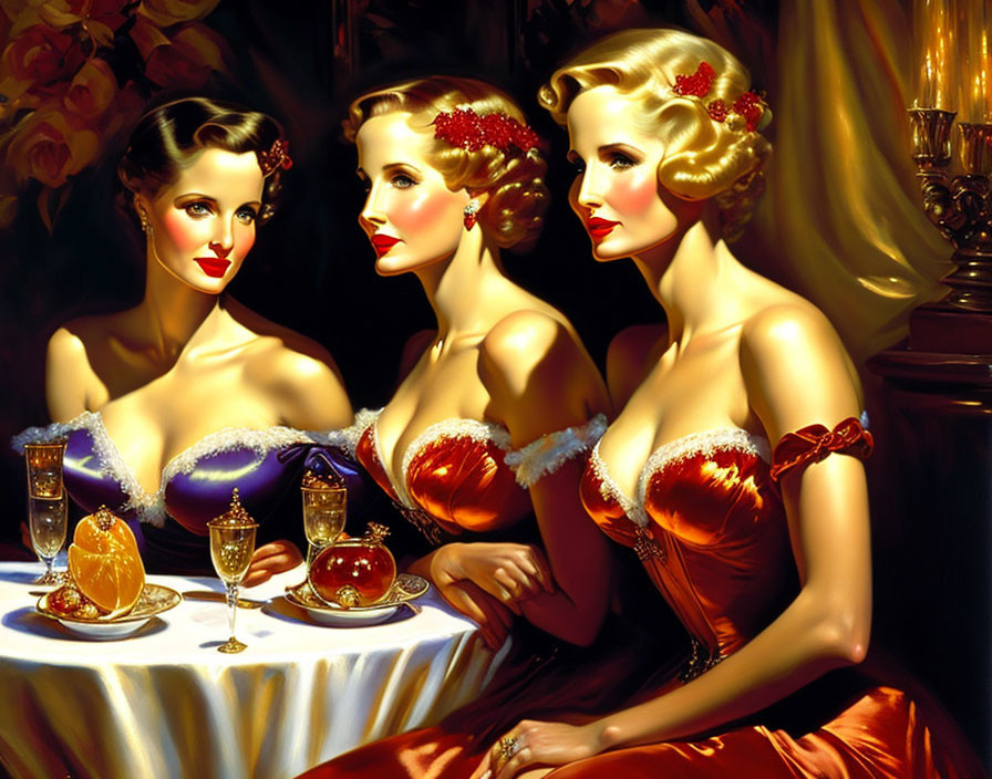 Three women in red dresses with flowers, seated at a table with wine glasses and fruit bowl.