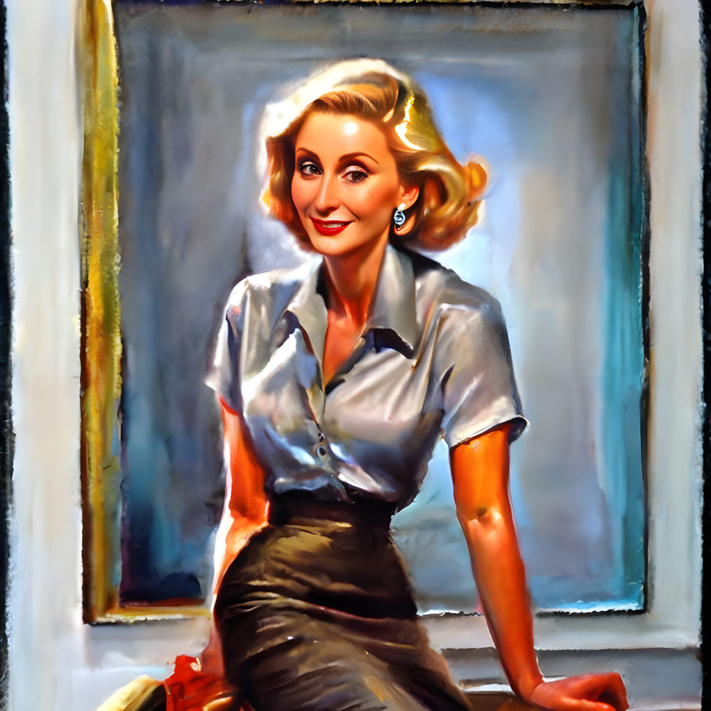 Vintage-Style Painting of Smiling Woman in Gray Blouse and Dark Skirt