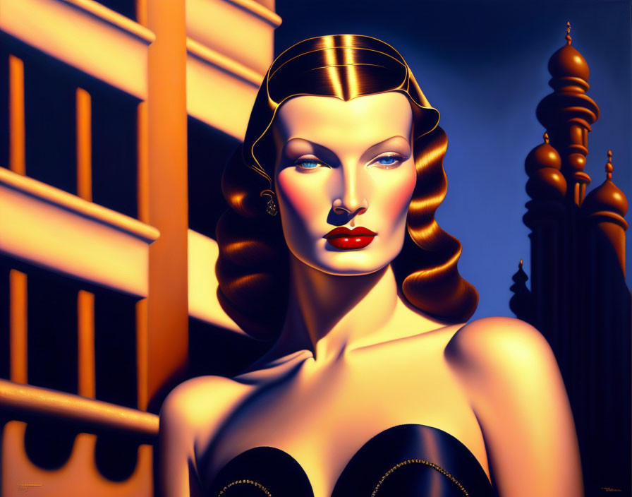 Stylized portrait of a woman with wavy hair and red lips in art deco setting