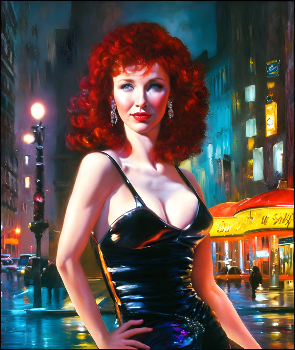 Stylized painting of woman with red hair in black dress on vibrant city street at night