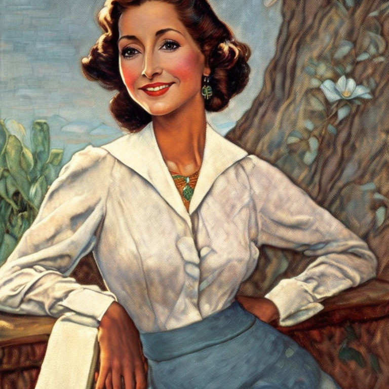 Illustration of elegant woman in white blouse and blue skirt smiling against floral backdrop