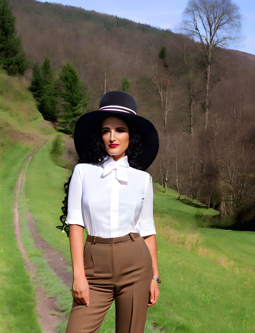 Fashionable woman in white blouse, brown trousers, and wide-brimmed hat on green path