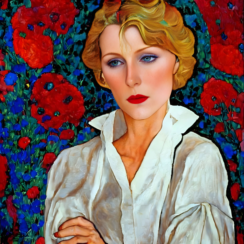 Blond woman portrait in white blouse on blue and red floral background