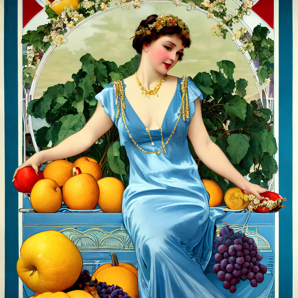 Vintage illustration of woman in blue dress with fruits, jewelry, and ornate background.