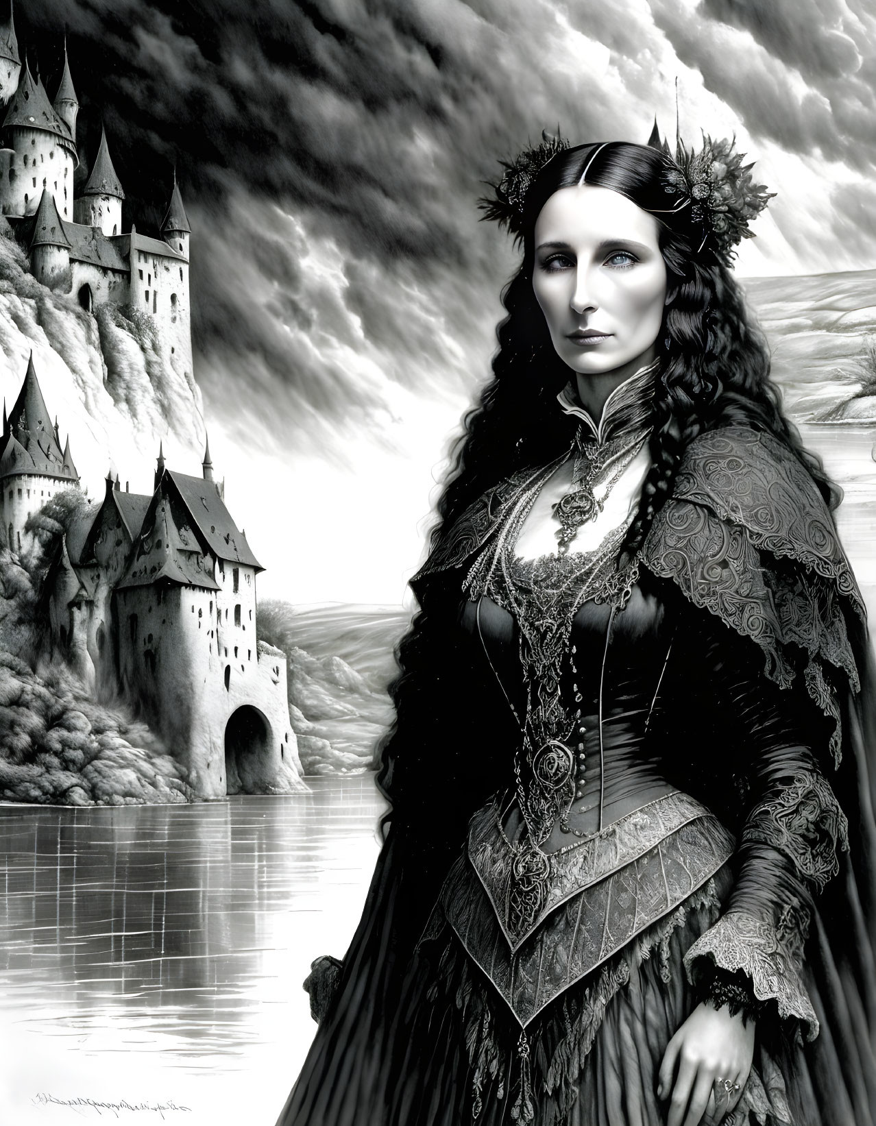 Monochrome illustration of woman in period dress with castle and ominous clouds