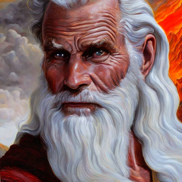 Elderly man with white hair and blue eyes in red cloak on fiery backdrop