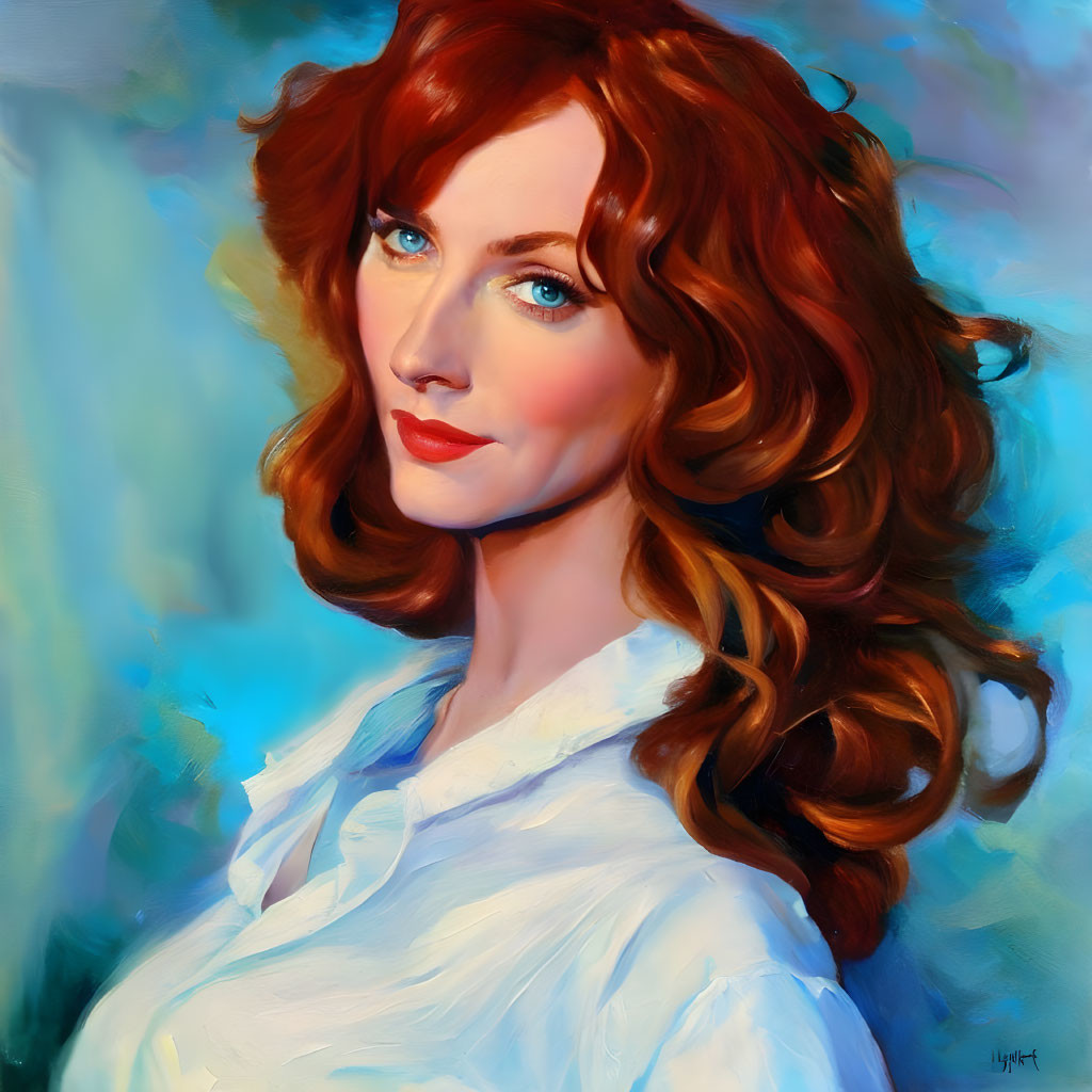 Vibrant red-haired woman in white blouse on soft blue background