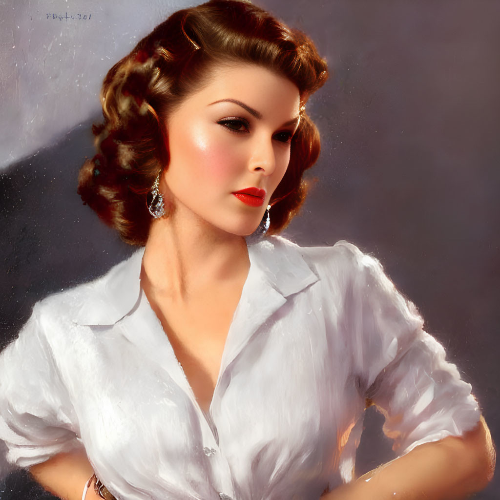 Vintage-style portrait of woman with classic waves, red lipstick, white blouse, and elegant earrings.