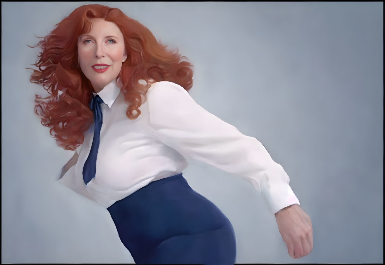 Red-haired woman in white shirt and blue skirt with tie smiling on pale background