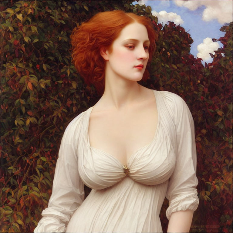 Classic Painting: Red-Haired Woman in White Dress, Green Foliage, Blue Sky