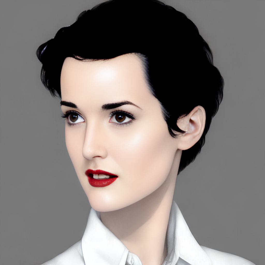 Portrait of woman with short black hair, fair skin, red lipstick, white shirt, gray backdrop