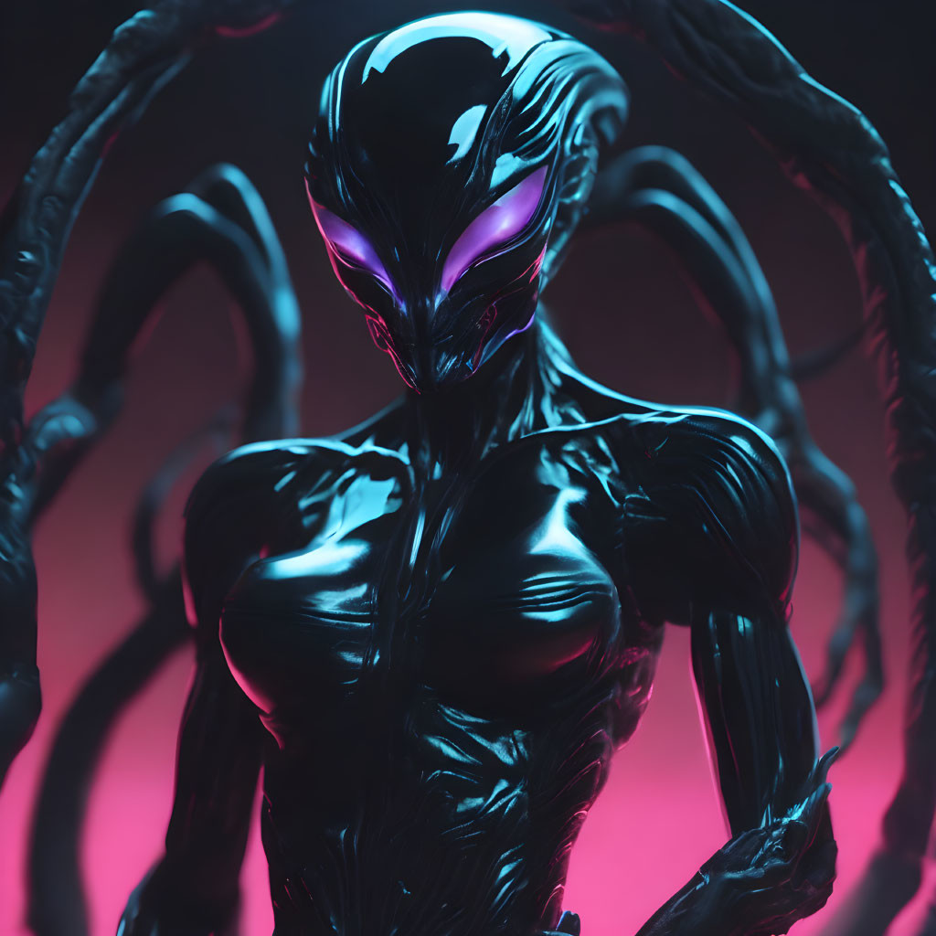 Muscular alien with glowing purple eyes and tentacles on red background