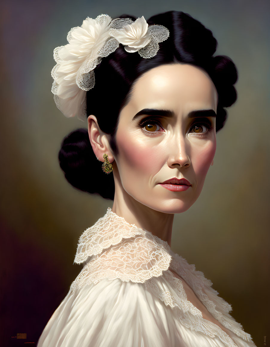 Victorian-style portrait of woman with lace collar and flower in hair