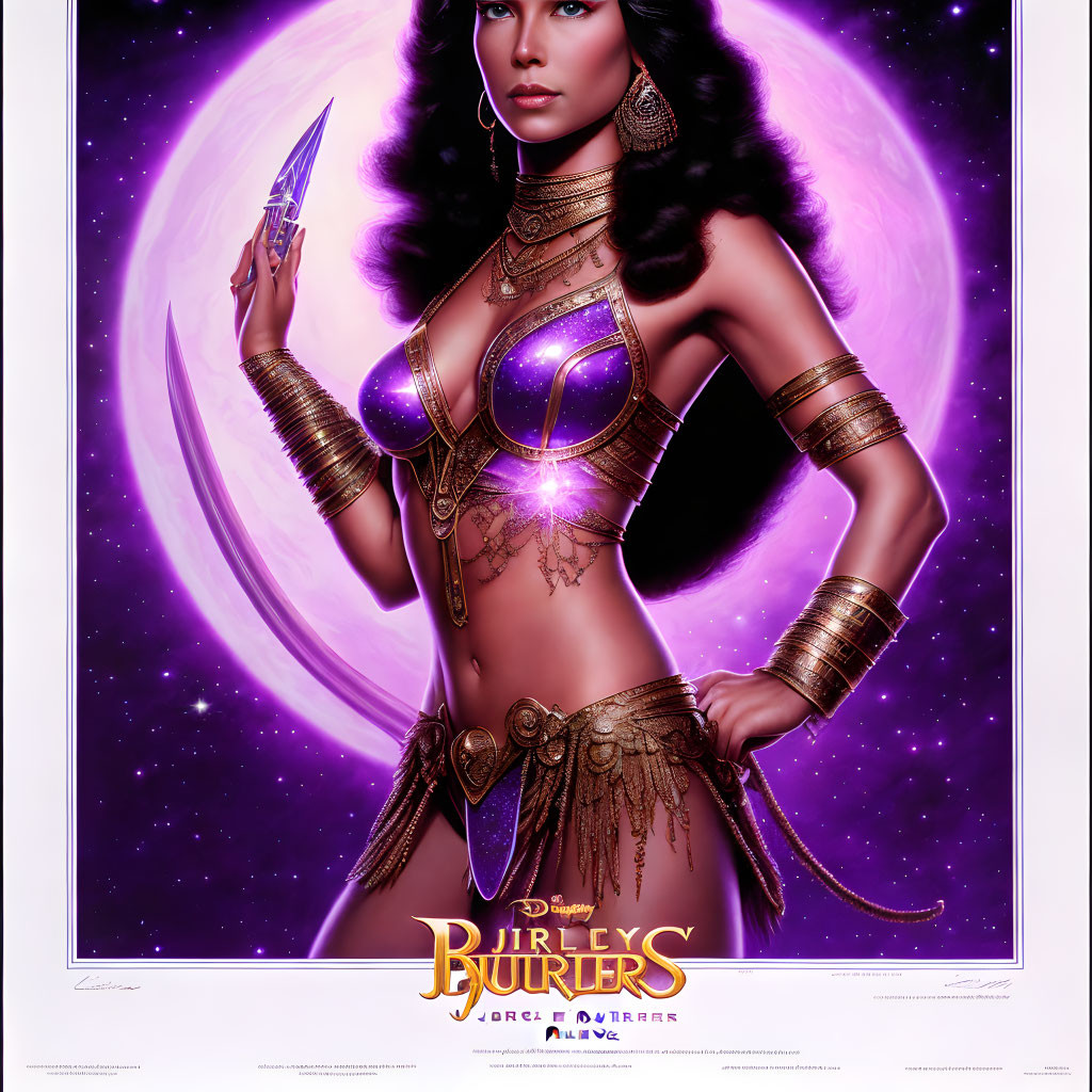 Stylized sci-fi poster: Woman with afro in golden costume with spear