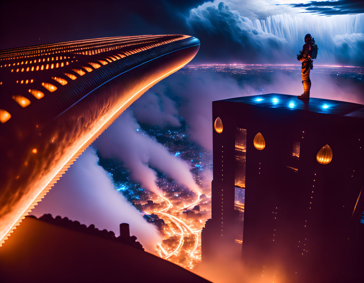 Futuristic twilight cityscape with person on skyscraper and spaceship-like structure