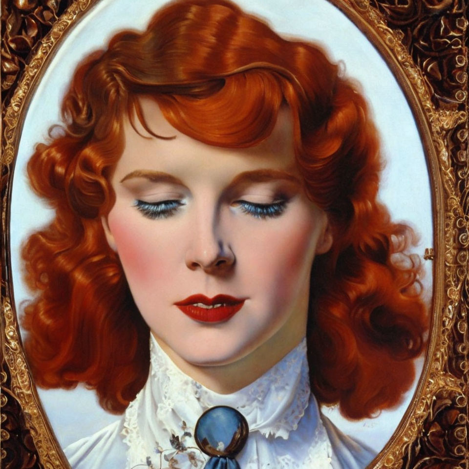 Red-haired woman in white blouse with blue gem necklace, eyes closed, framed in gold.