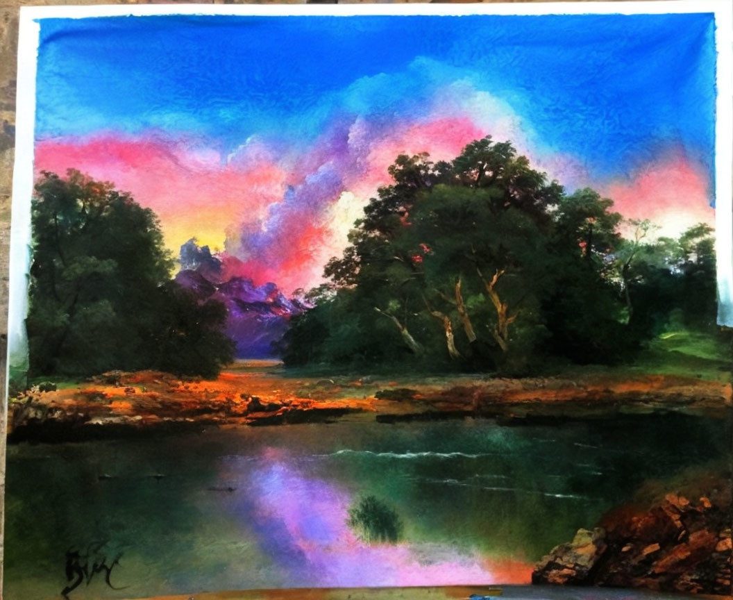 Serene landscape painting with trees, river, and colorful sunset