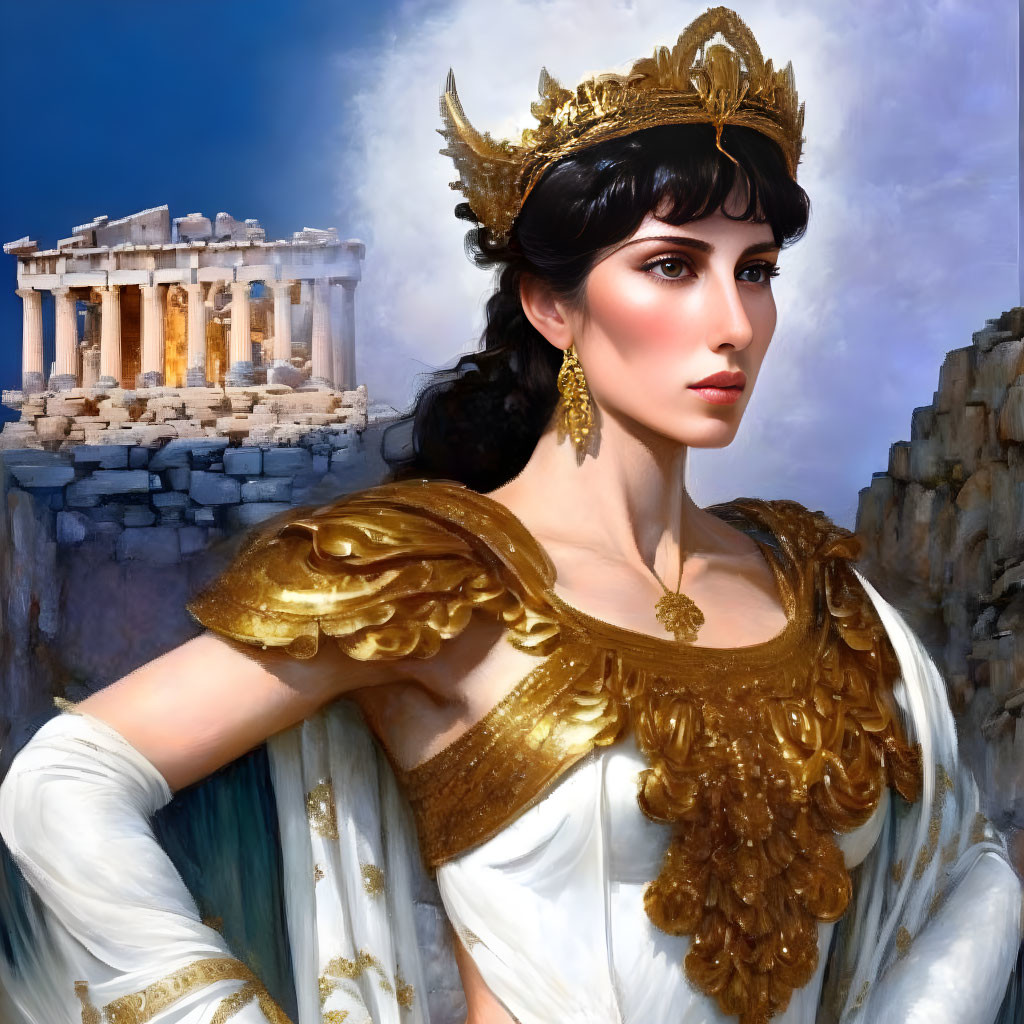 Ancient Greek-inspired digital artwork of a woman in regal attire