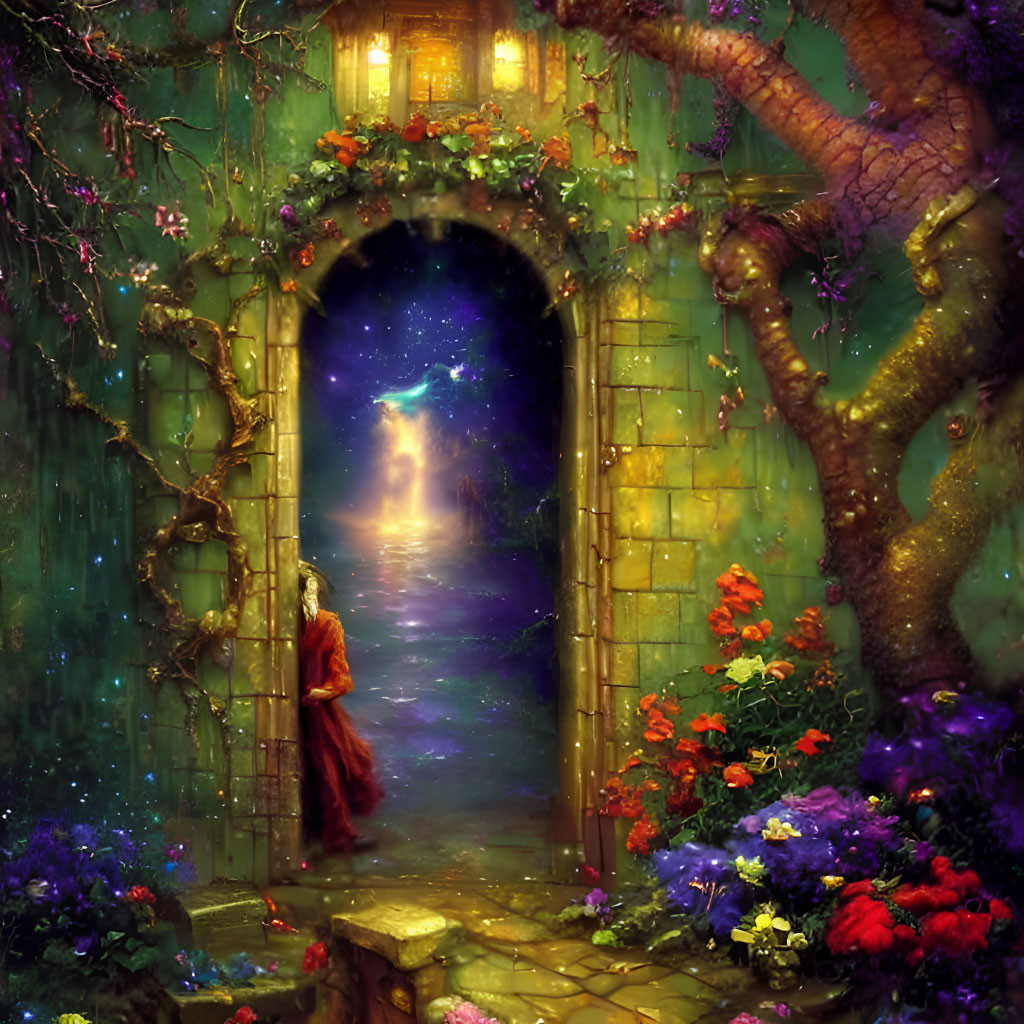 Woman in red cloak at mystical archway with flowers and ancient tree