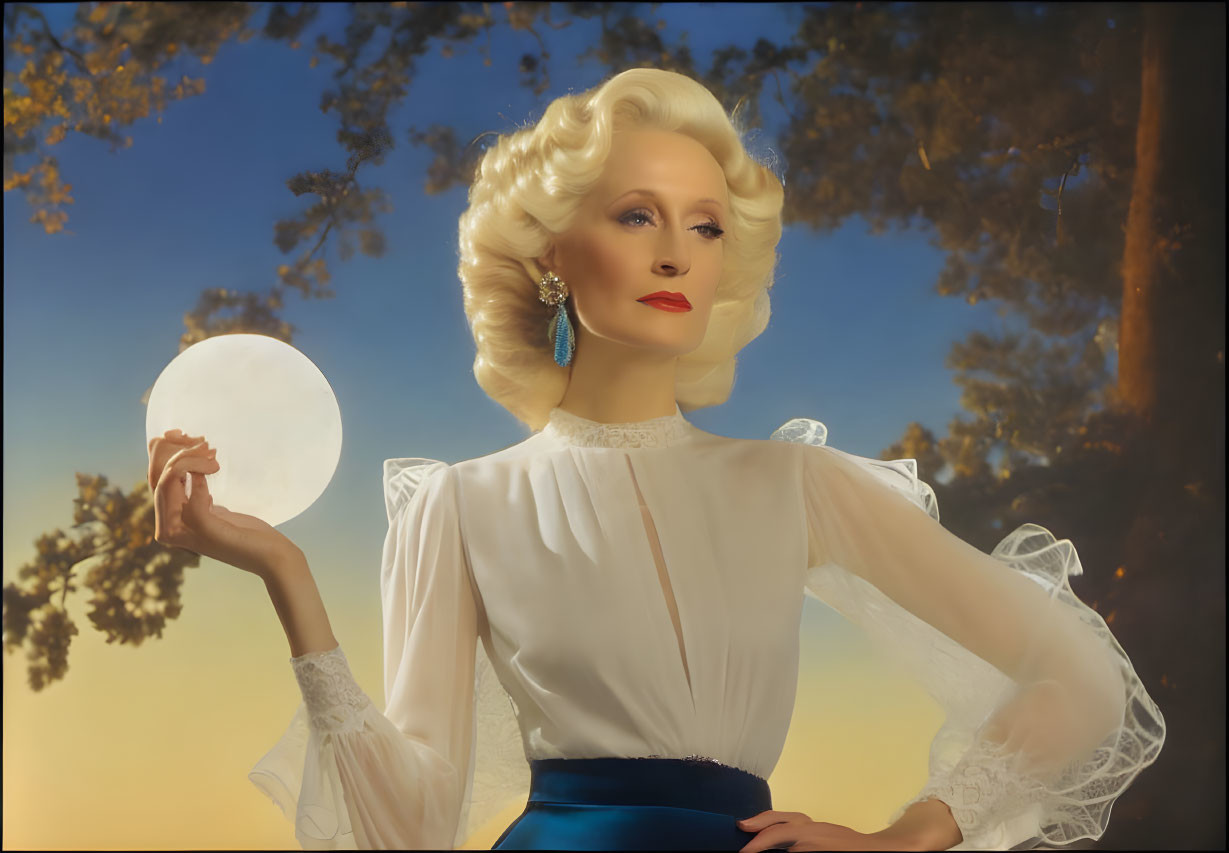 Blonde person in elegant attire holding translucent disc in nature