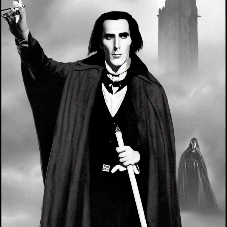 Monochrome male vampire with cape and skull in castle scene