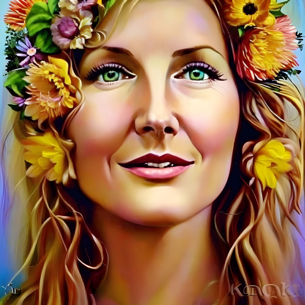 Colorful portrait of woman with floral headband in painterly style