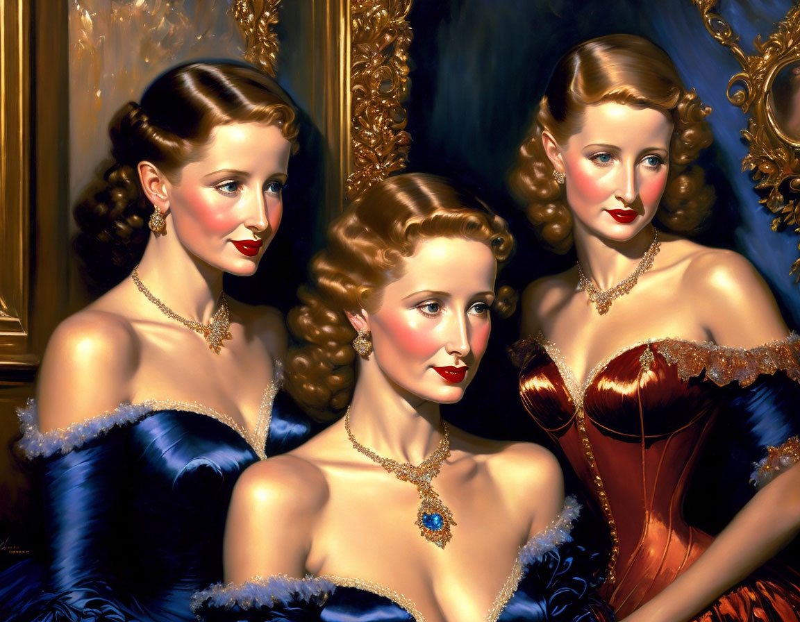 Vintage-style painting of three women in elegant gowns and jewelry against a gilded backdrop