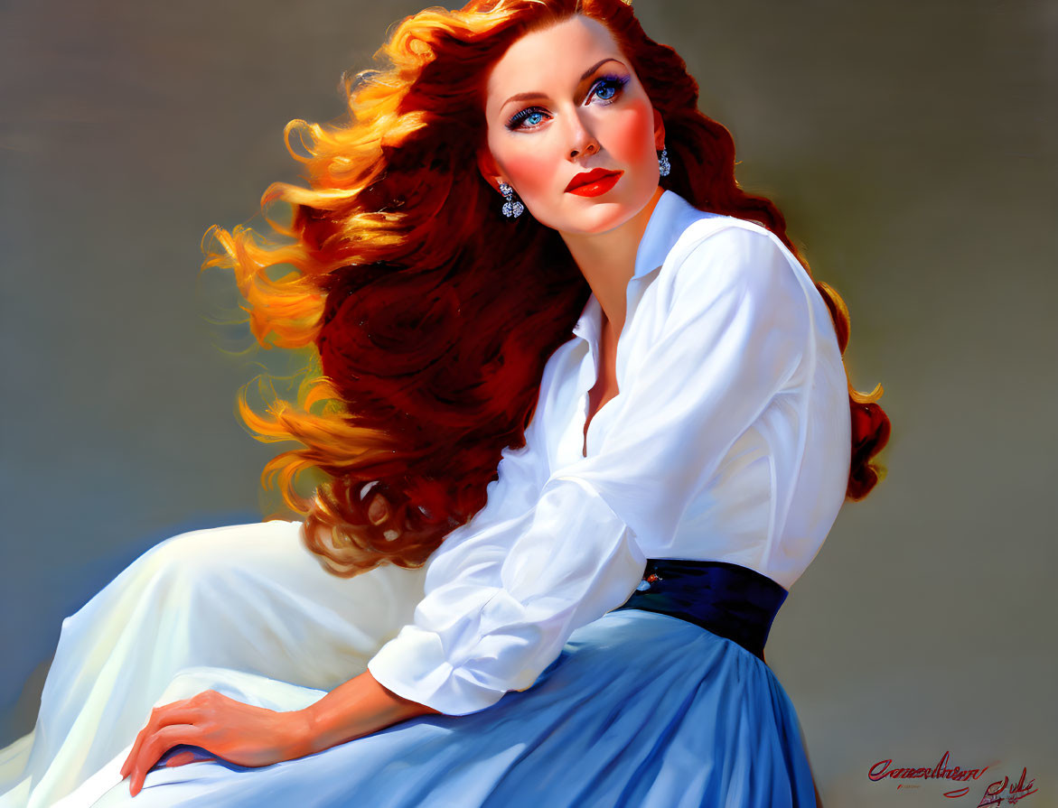 Woman portrait: red hair, white blouse, blue skirt, contemplative expression