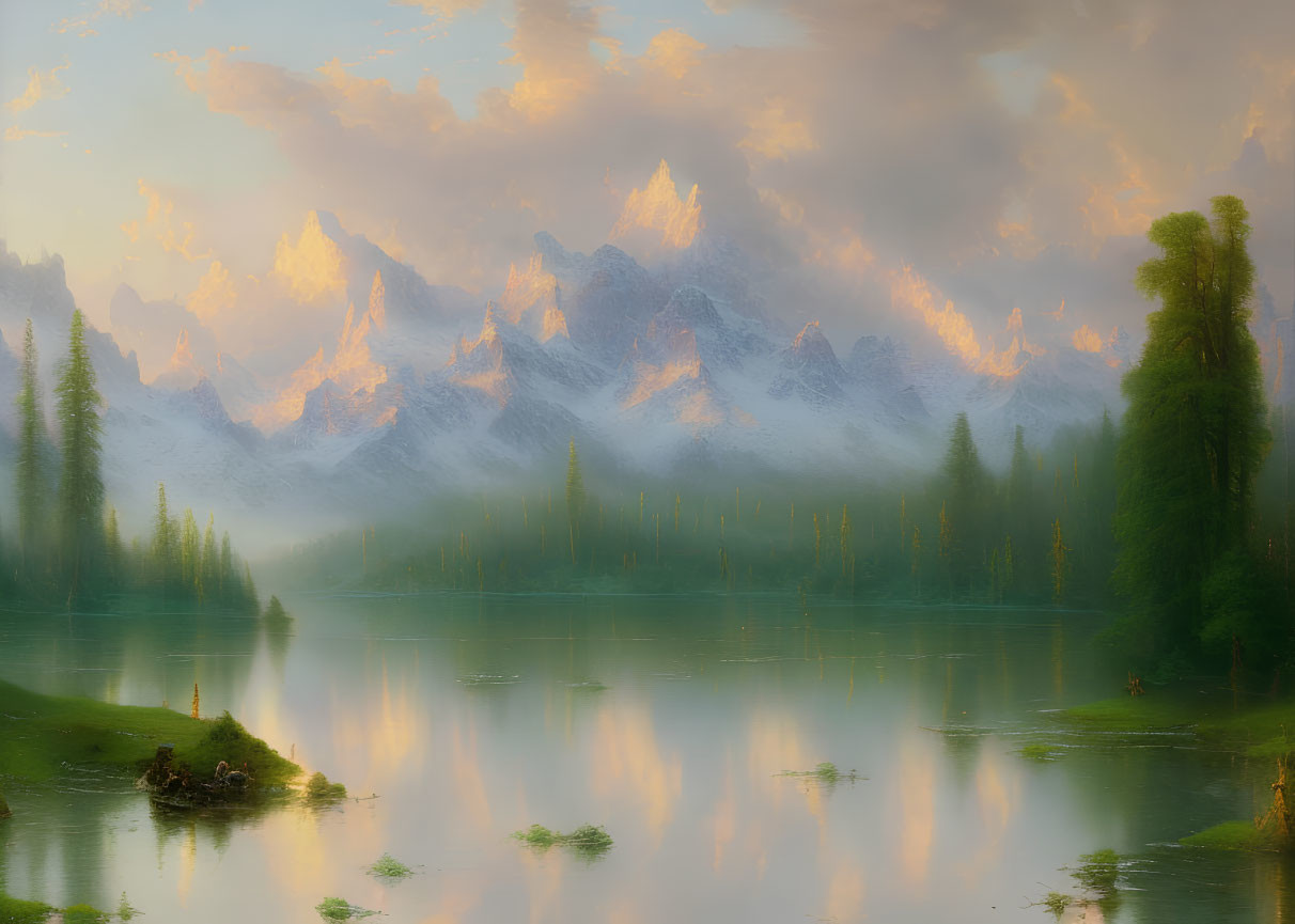 Tranquil sunset scene: snowy mountains, calm lake, lush greenery